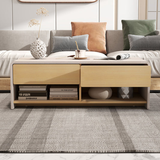 Home Coffee Table with 2 Drawers and 2 Storage Shelf-White & Natural