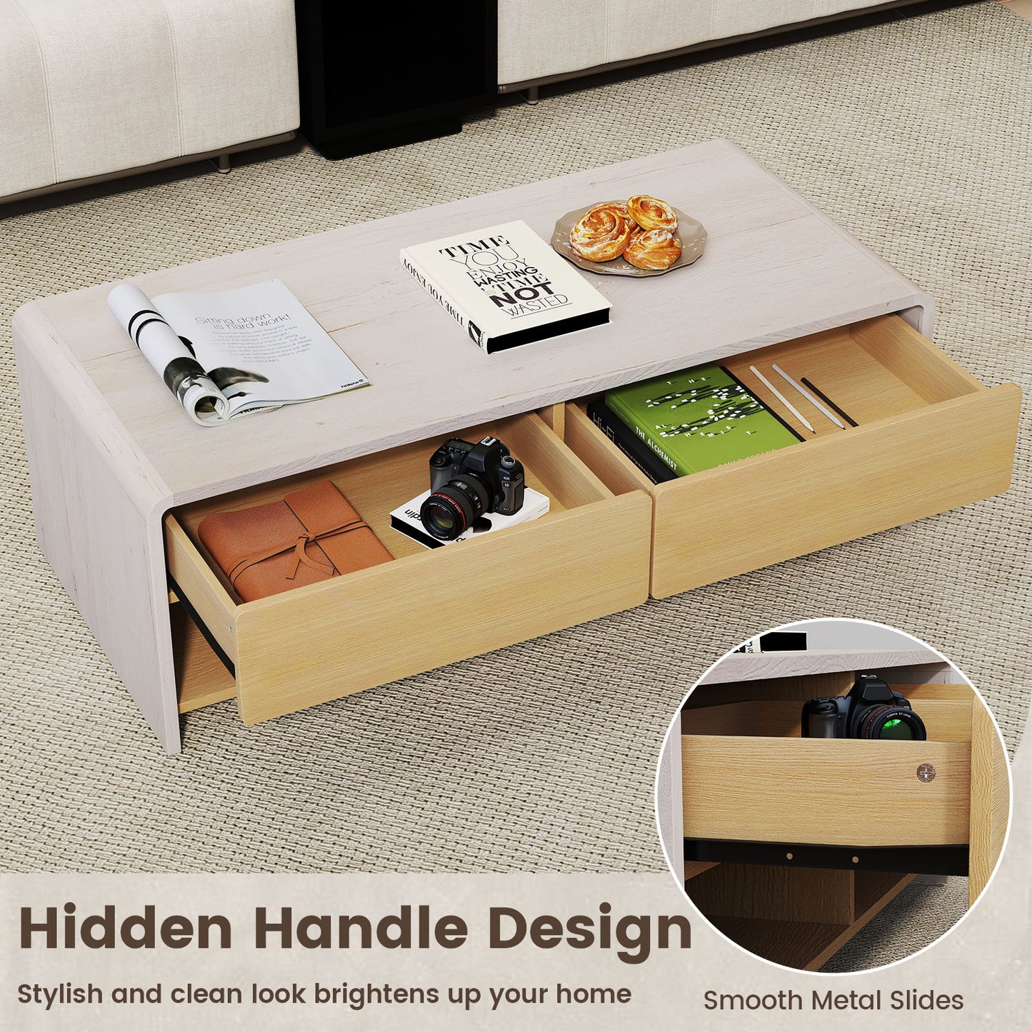 Home Coffee Table with 2 Drawers and 2 Storage Shelf-White & Natural