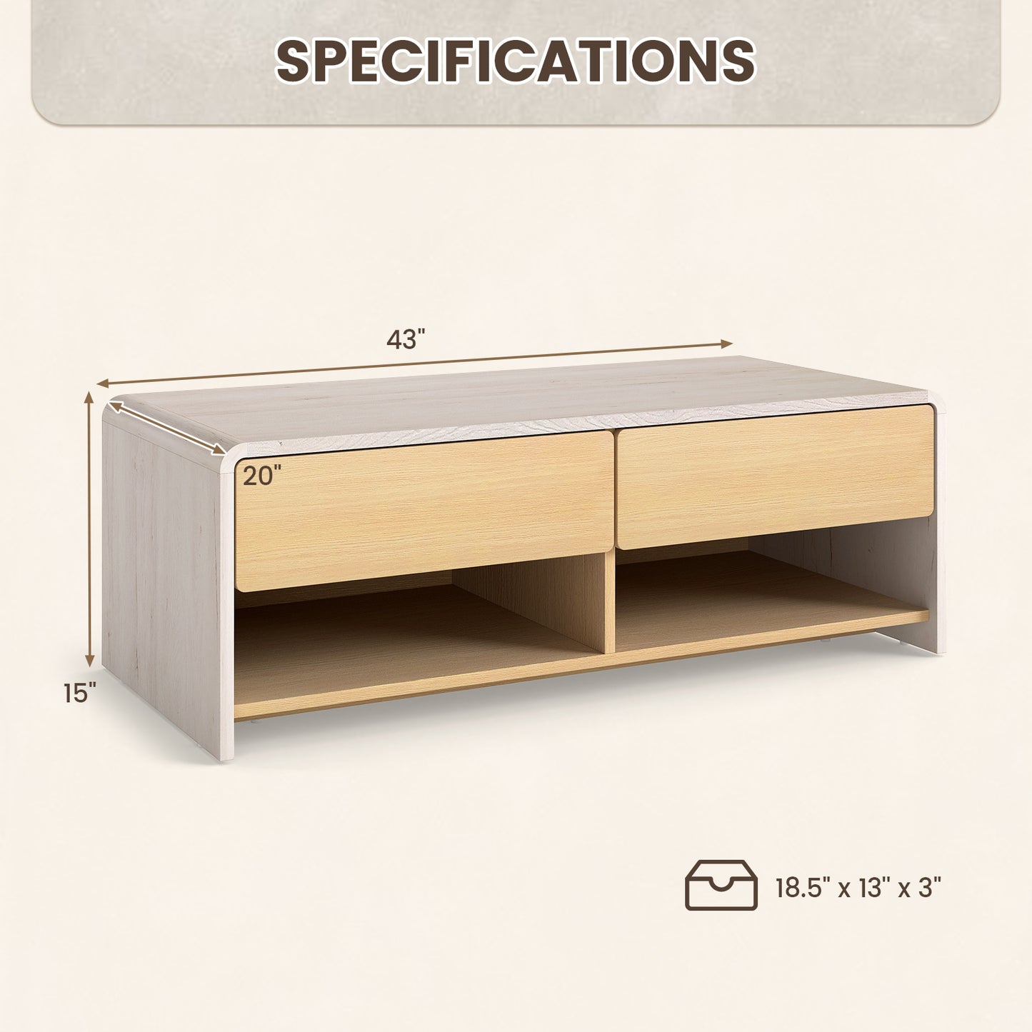 Home Coffee Table with 2 Drawers and 2 Storage Shelf-White & Natural