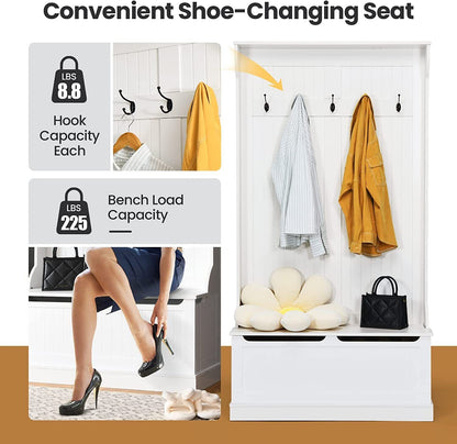 3-in-1 Entryway Hall Tree Coat Rack Shoe Bench with Hooks and Bottom Storage-White