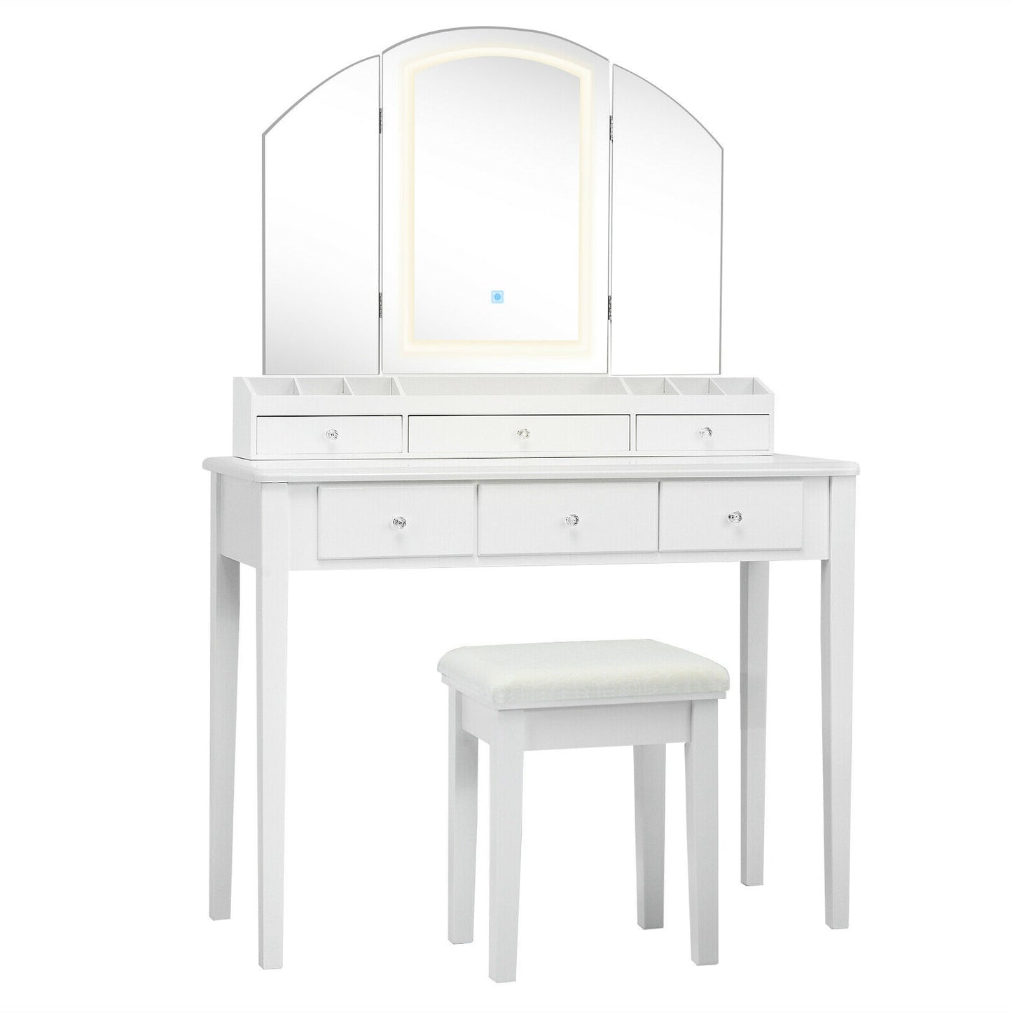 Vanity Table Stool Set with Large Tri-folding Lighted Mirror-Black - White