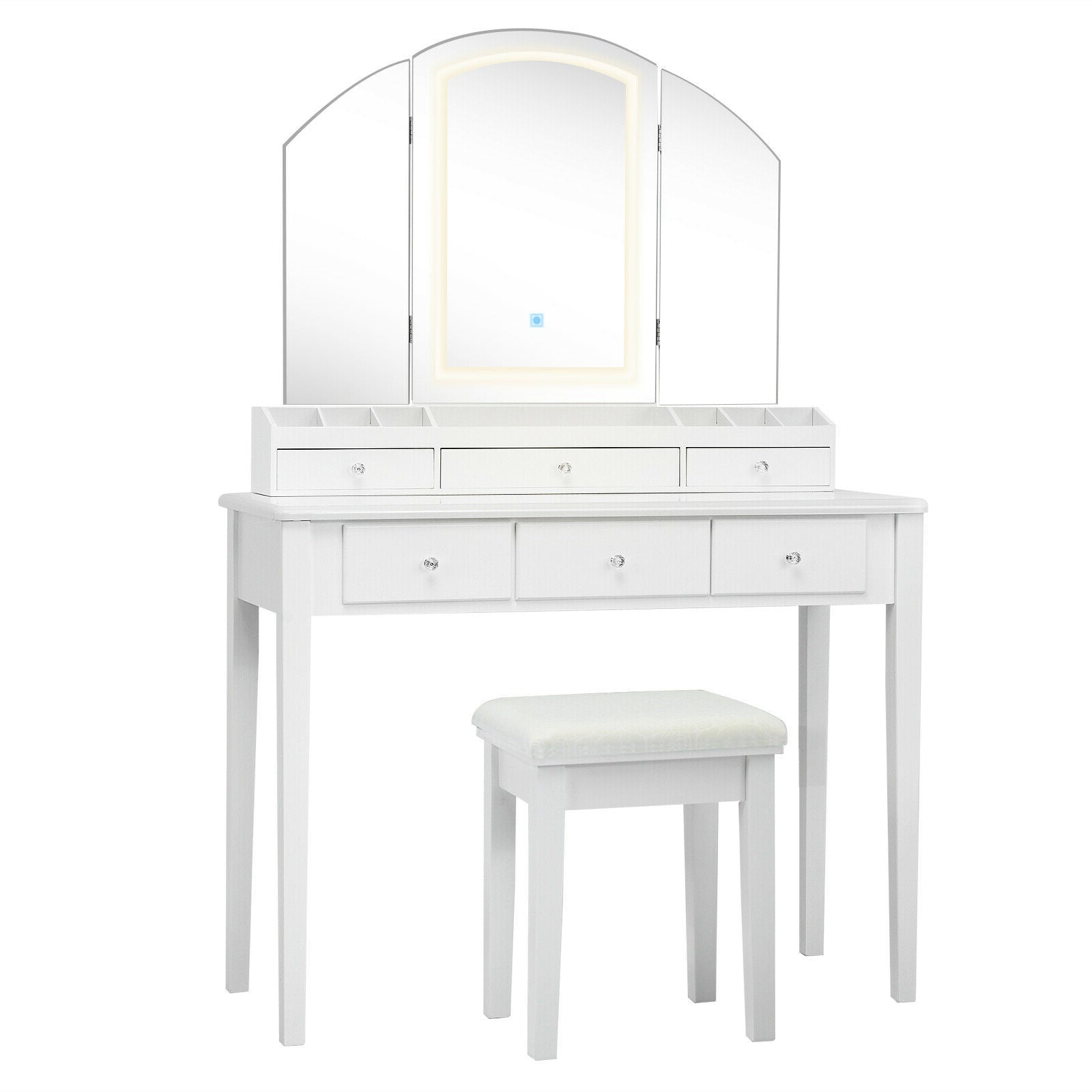 Vanity Table Stool Set with Large Tri-folding Lighted Mirror-Black - White