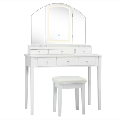 Vanity Table Stool Set with Large Tri-folding Lighted Mirror-Black - White