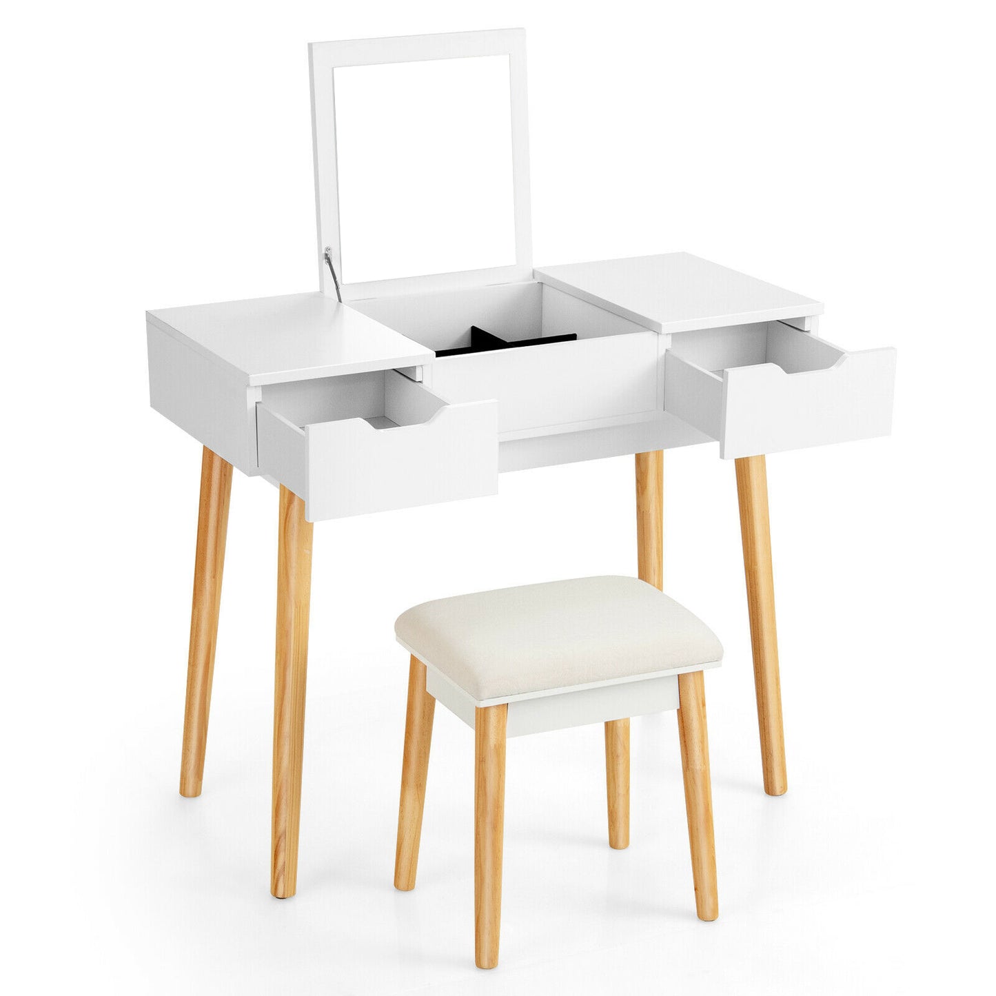 Makeup Vanity Table Set with Flip Top Mirror and 2 Drawers-White - White