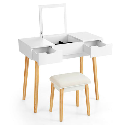 Makeup Vanity Table Set with Flip Top Mirror and 2 Drawers-White - White
