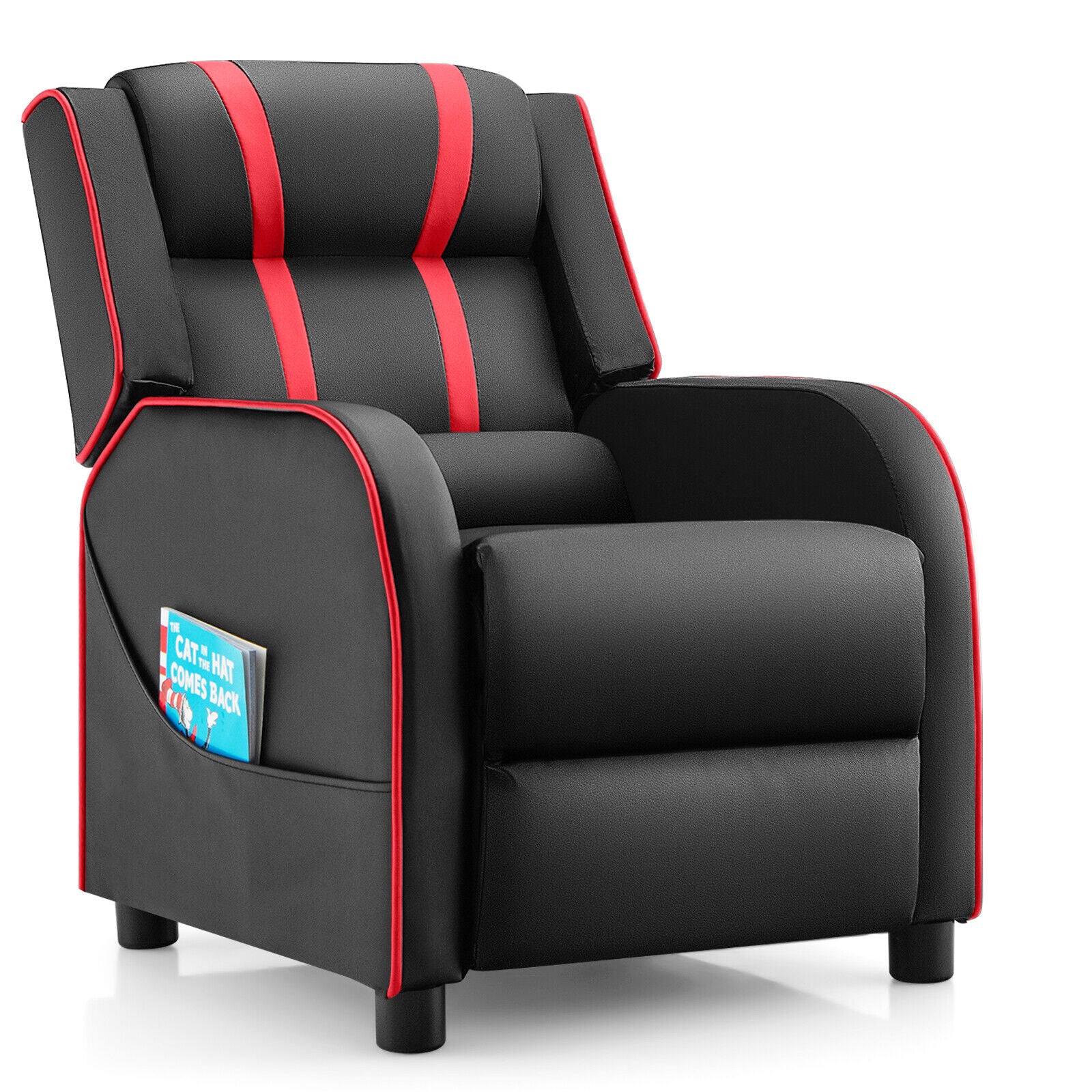 Kids Recliner Chair with Side Pockets and Footrest-White - Red