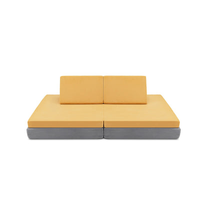 4-Piece Convertible Kids Couch Set with 2 Folding Mats-Blue - Yellow