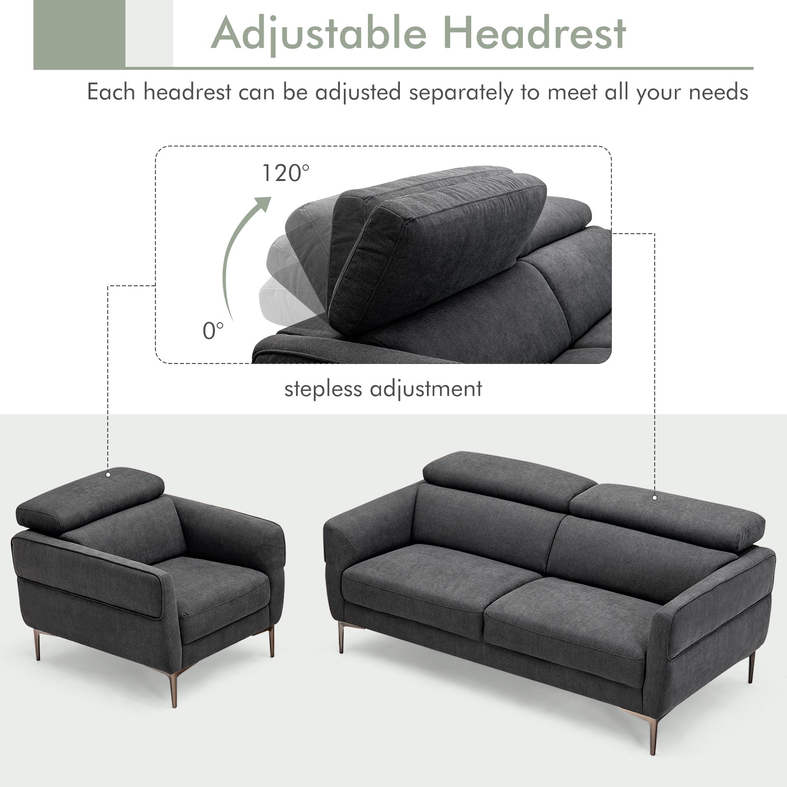 Modern Couched Sofa set with Adjustable Headrest-Gray