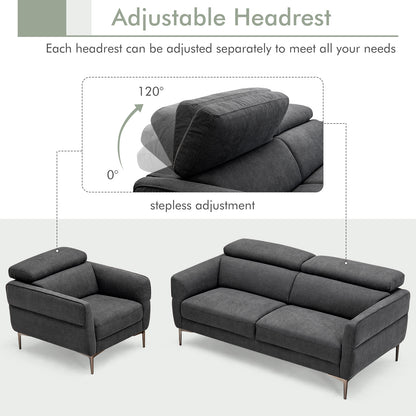 Modern Couched Sofa set with Adjustable Headrest-Gray