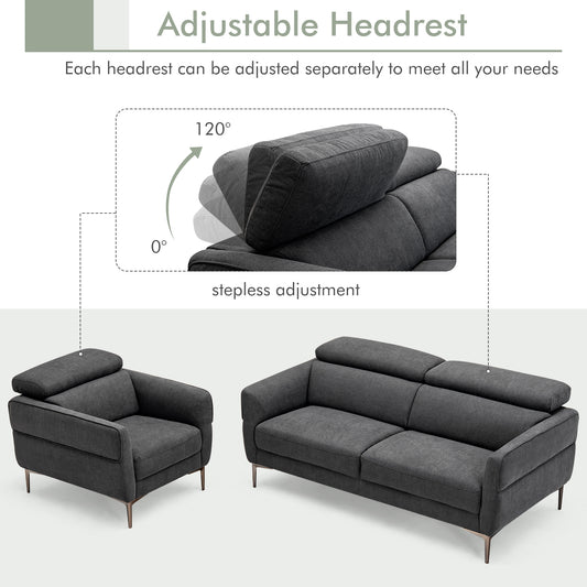 Modern Couched Sofa set with Adjustable Headrest-Gray