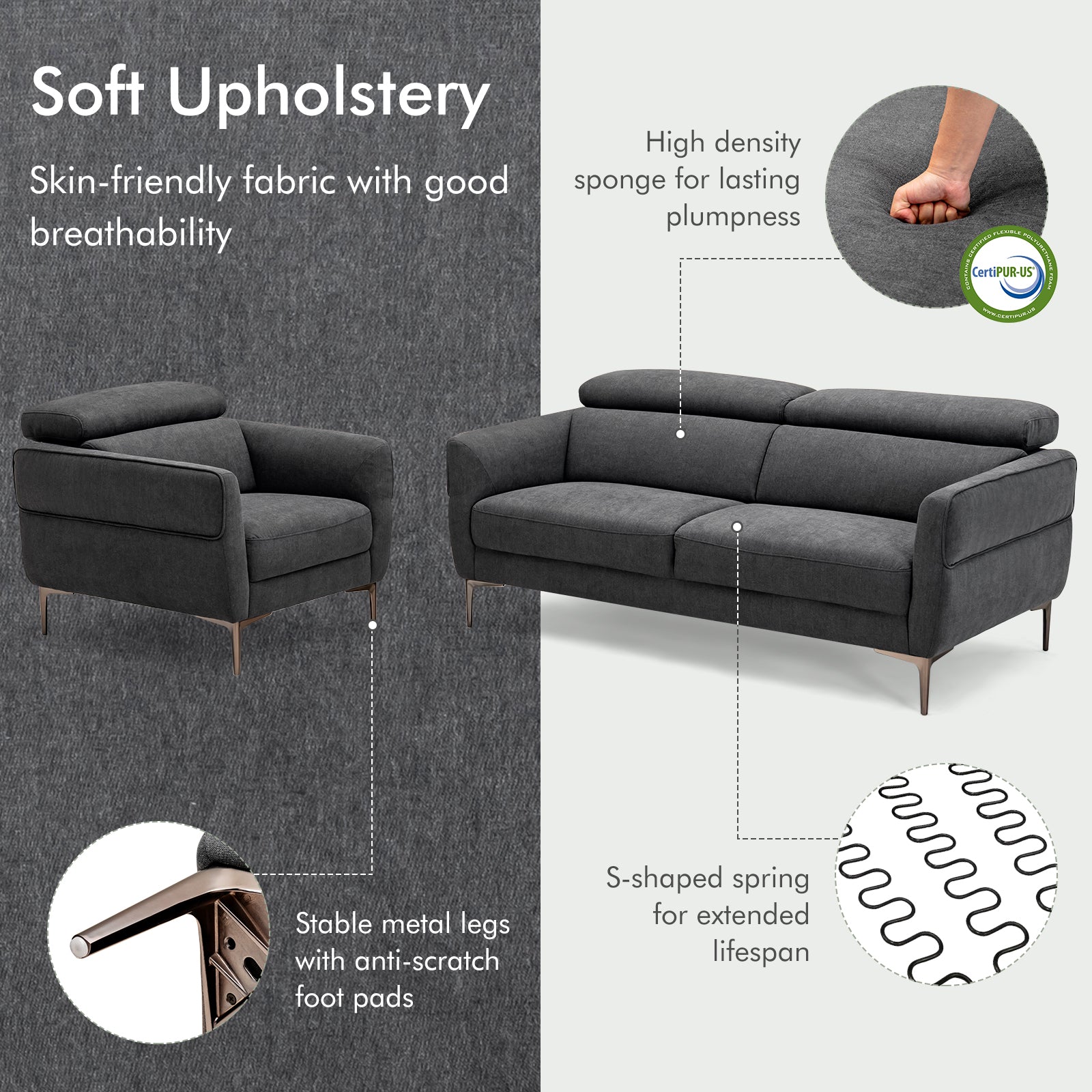 Modern Couched Sofa set with Adjustable Headrest-Gray