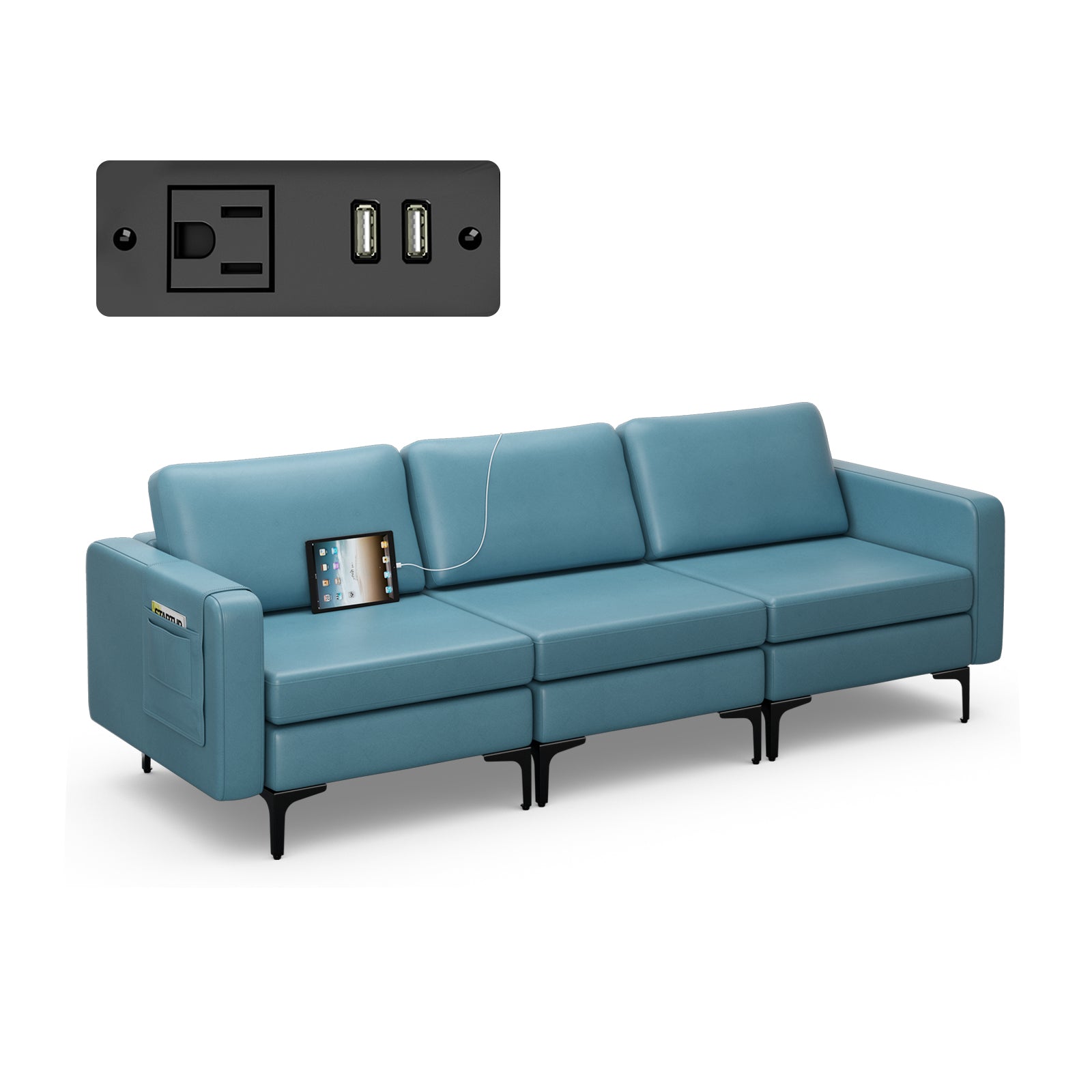 Convertible Leather Sofa Couch with Magazine Pockets 3-Seat with 2 USB Port-Orange - Blue