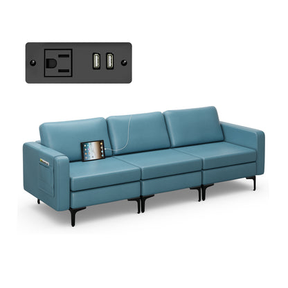 Convertible Leather Sofa Couch with Magazine Pockets 3-Seat with 2 USB Port-Orange - Blue