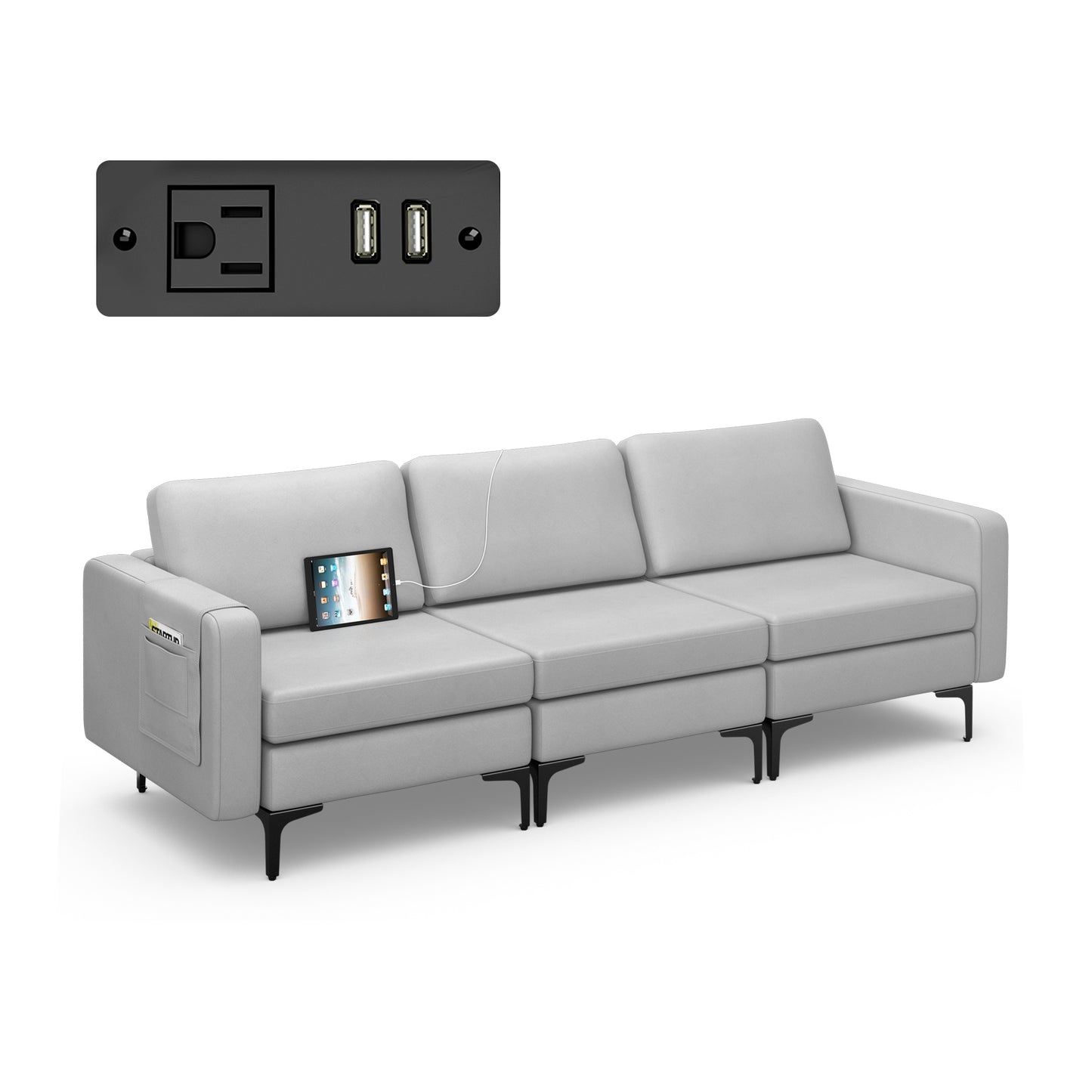 Convertible Leather Sofa Couch with Magazine Pockets 3-Seat with 2 USB Port-Orange - Light Gray