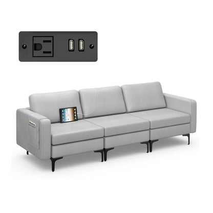 Convertible Leather Sofa Couch with Magazine Pockets 3-Seat with 2 USB Port-Orange - Light Gray
