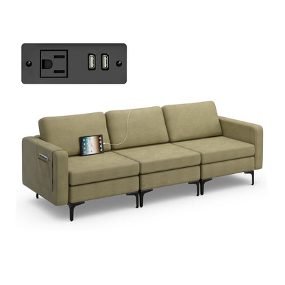 Convertible Leather Sofa Couch with Magazine Pockets 3-Seat with 2 USB Port-Orange - Green