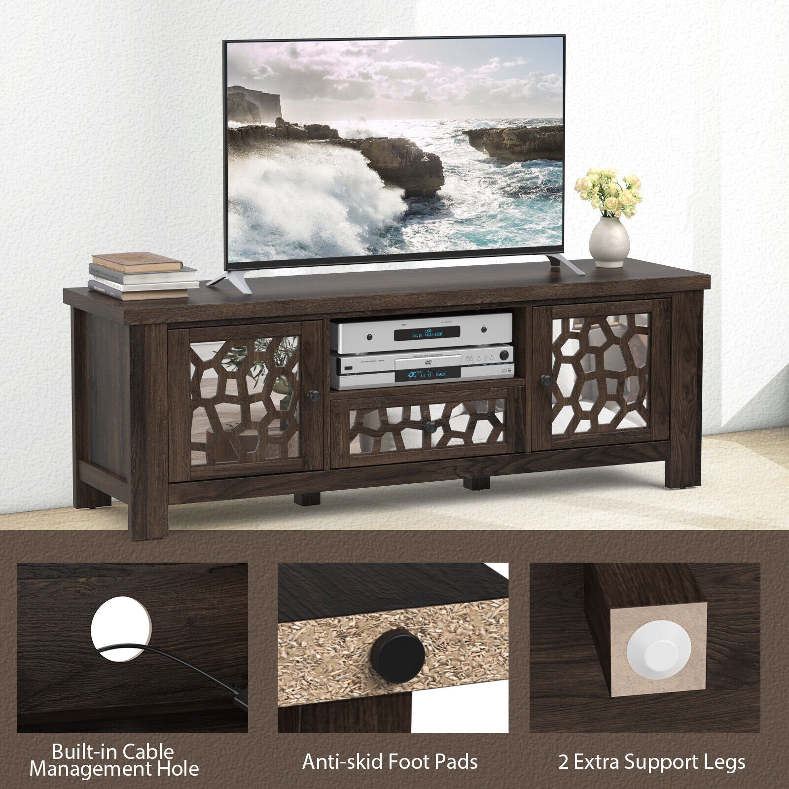 55 Inch Retro TV Stand Media Entertainment Center with Mirror Doors and Drawer-Dark Brown