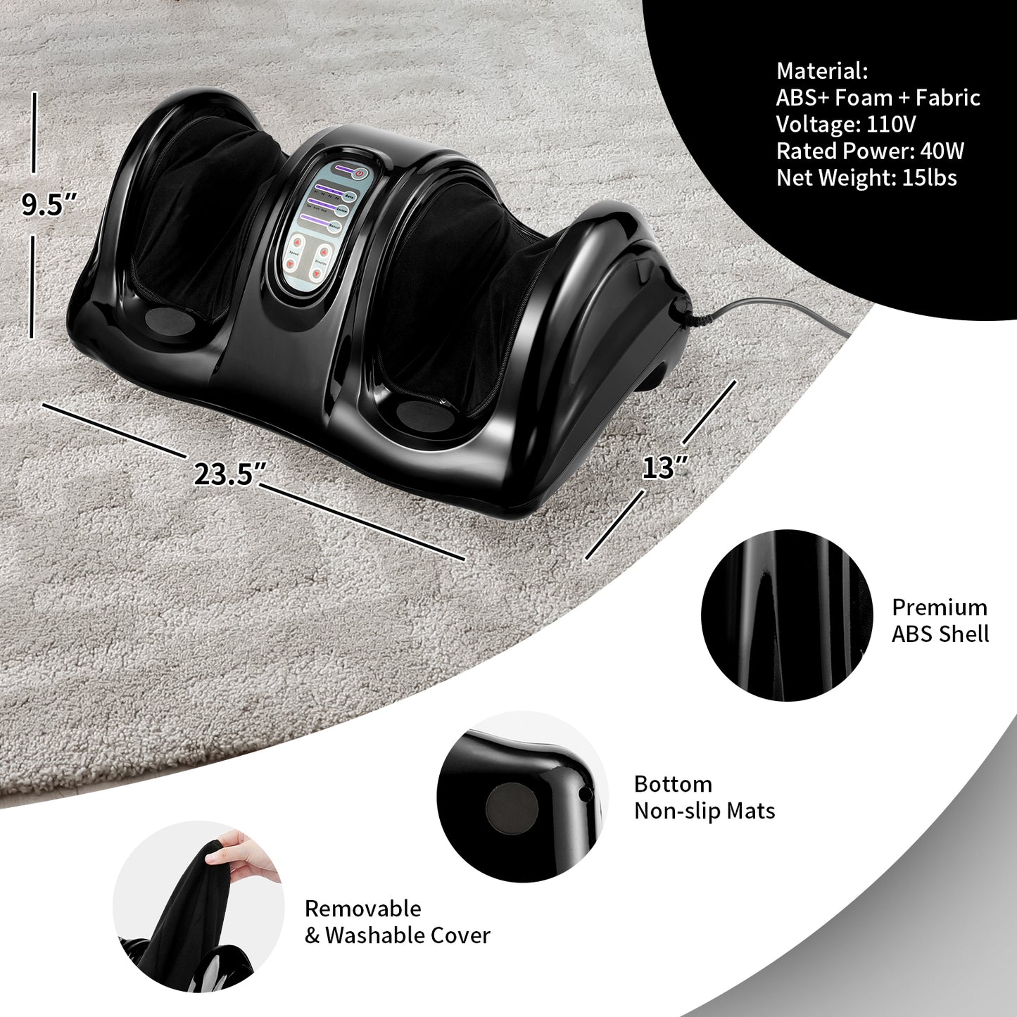 Therapeutic Shiatsu Foot Massager with High Intensity Rollers-Black - Black