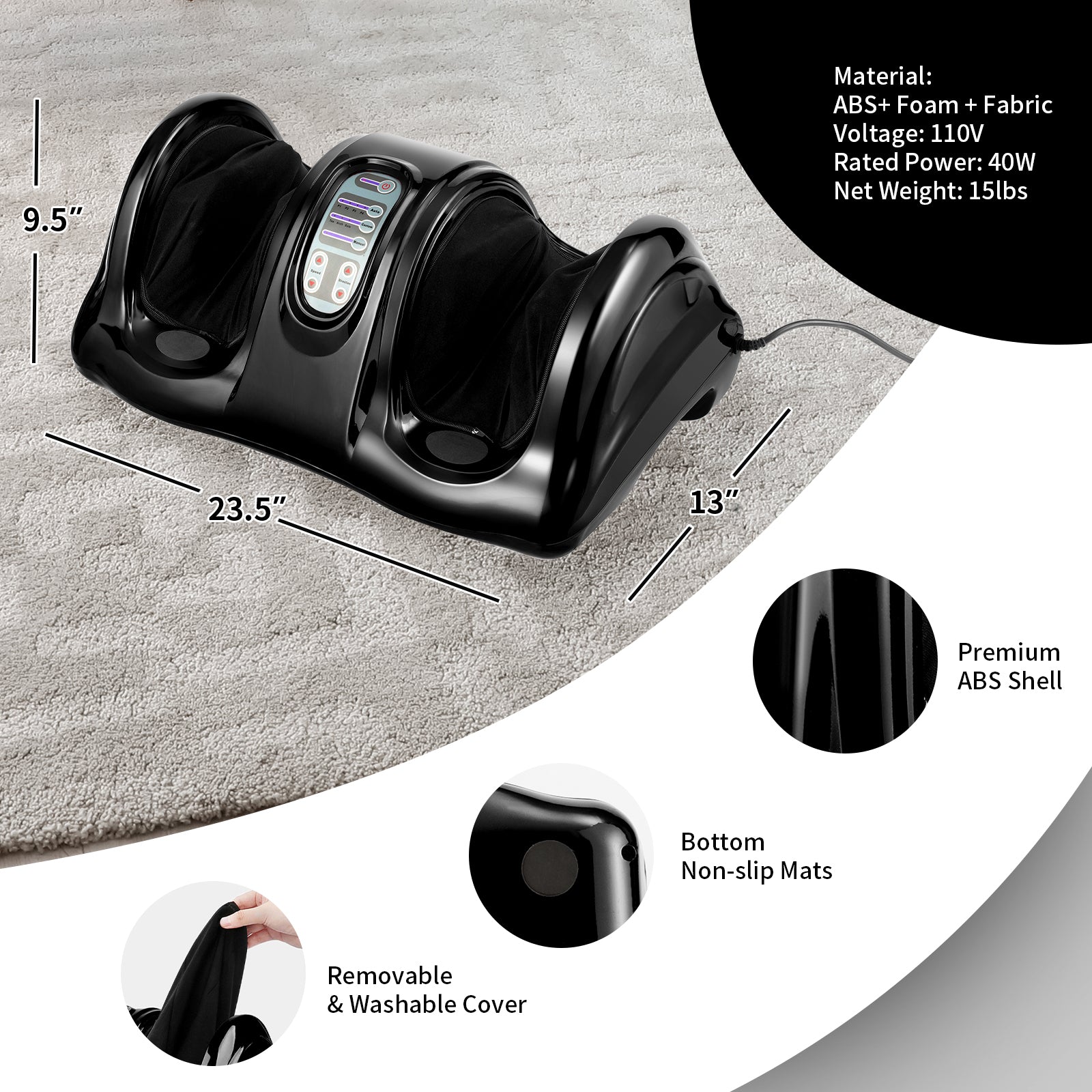 Therapeutic Shiatsu Foot Massager with High Intensity Rollers-Black - Black