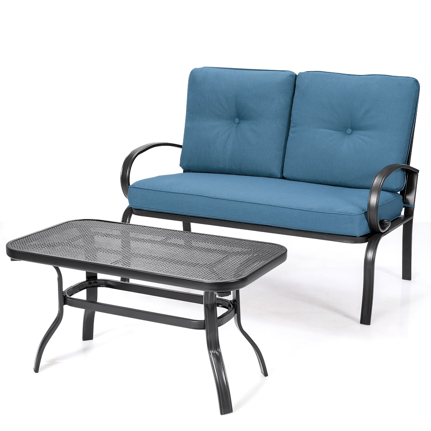 2 Pieces Patio Outdoor Cushioned Coffee Table Seat-Blue - Blue