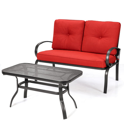 2 Pieces Patio Outdoor Cushioned Coffee Table Seat-Blue - Red