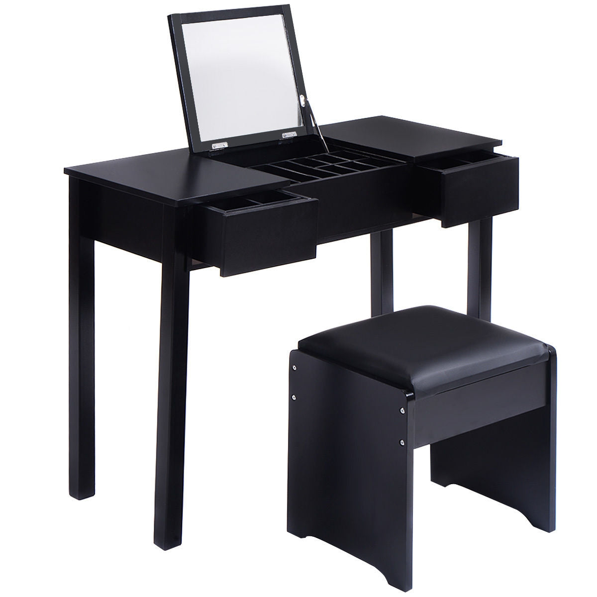 Vanity Makeup Dressing Table Set with Flip Top Mirror and Cushioned Stool-Black - Black