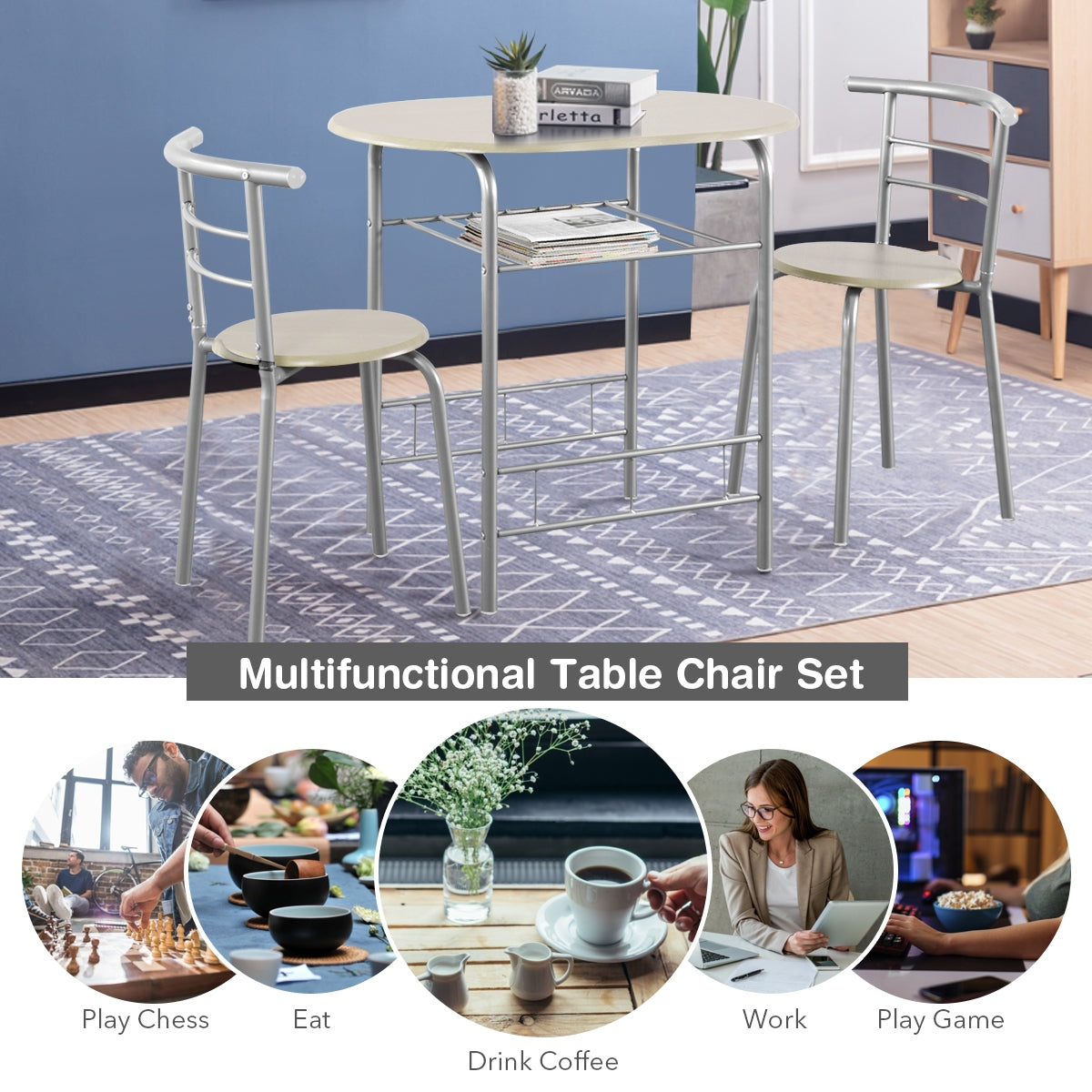 3-Piece Space-Saving Bistro Set for Kitchen and Apartment-Gray