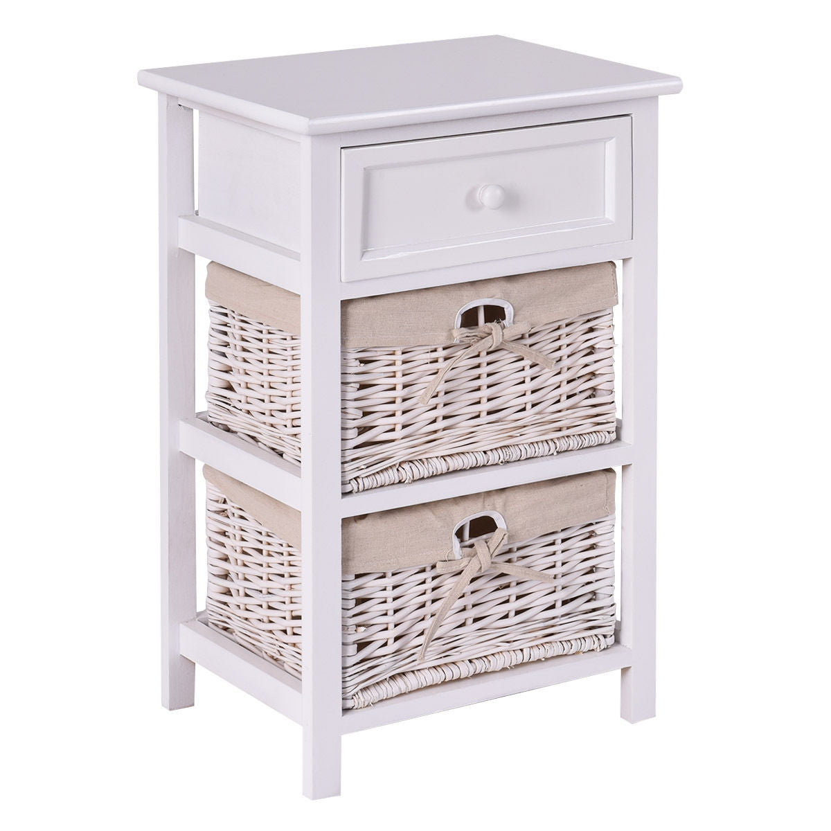 3 Tiers Wooden Storage Nightstand with 2 Baskets and 1 Drawer-white - White