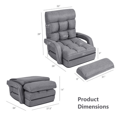 Folding Lazy Floor Chair Sofa with Armrests and Pillow-Gray