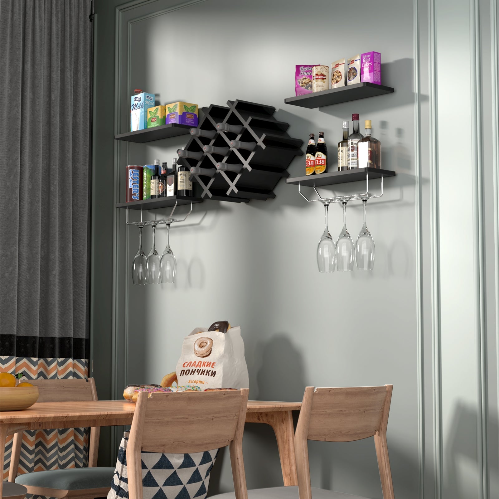 Set of 5 Wall Mount Wine Rack Set with Storage Shelves-Black