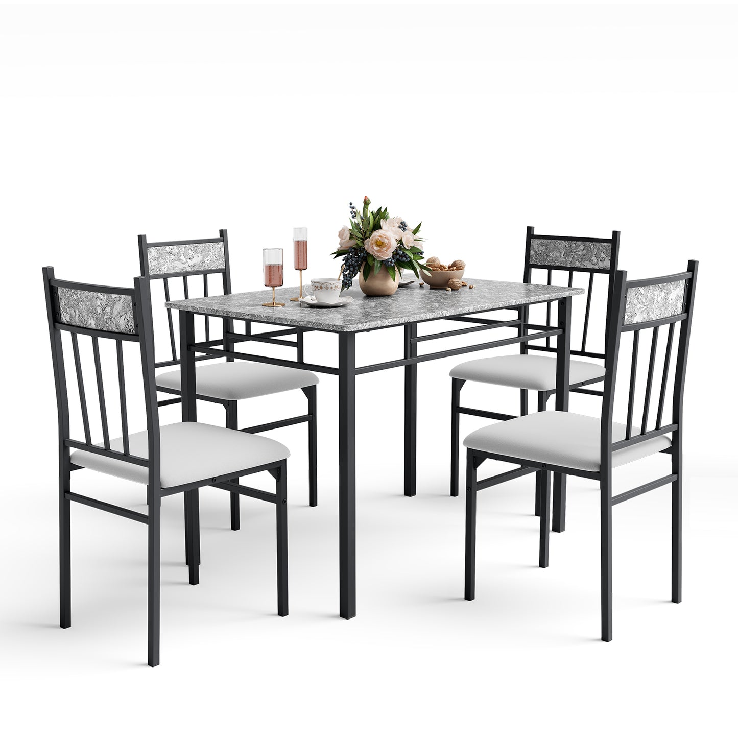 5-Piece Faux Marble Dining Set with Steel Frame