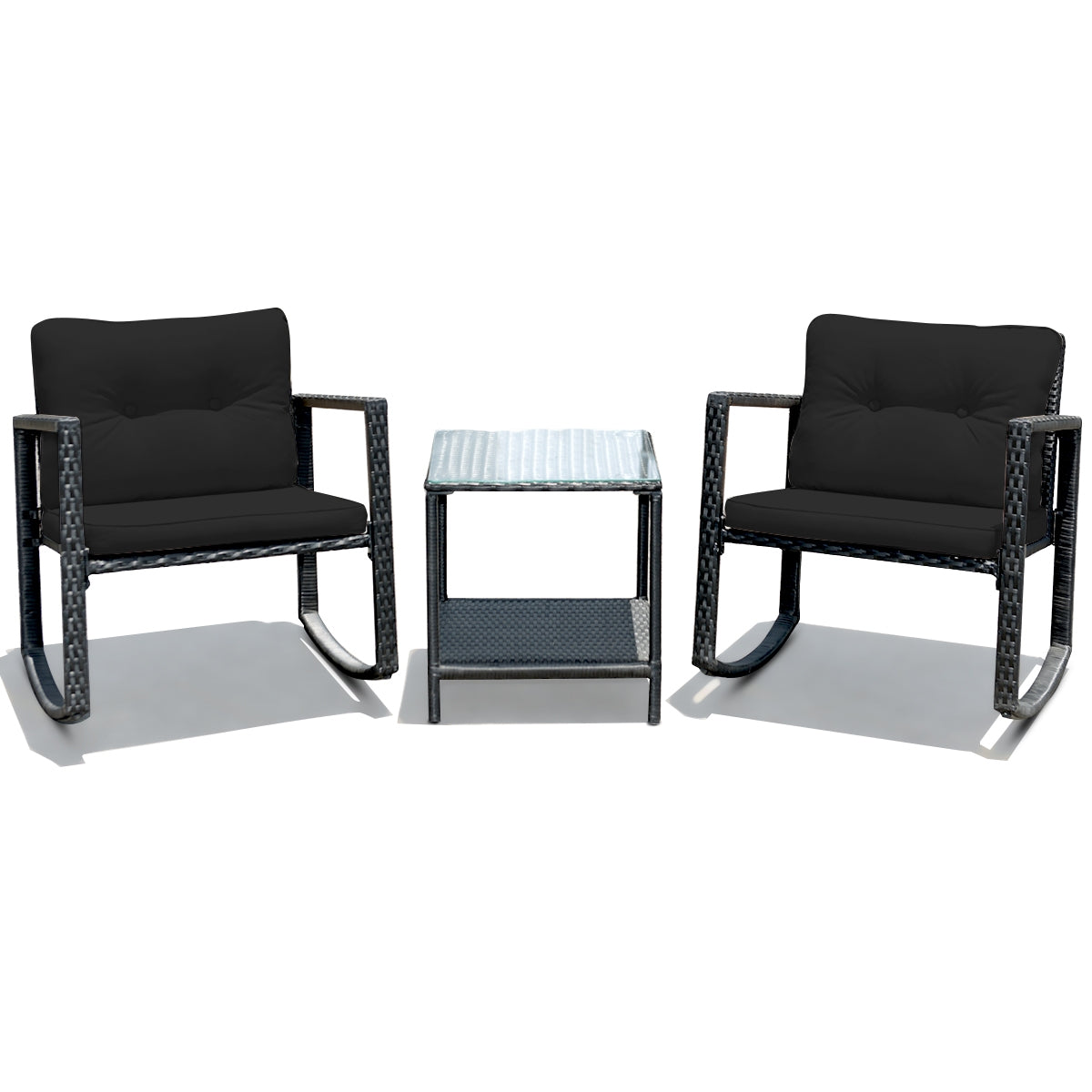 3 Pcs Patio Rattan Set Rocking Chair Cushioned Sofa Garden Furniture-Navy - Black