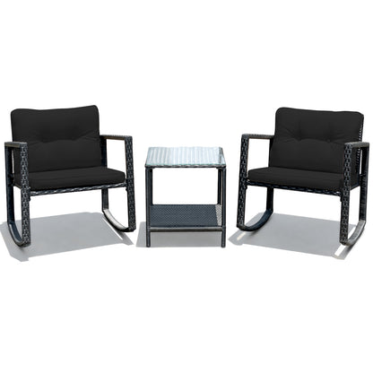 3 Pcs Patio Rattan Set Rocking Chair Cushioned Sofa Garden Furniture-Navy - Black