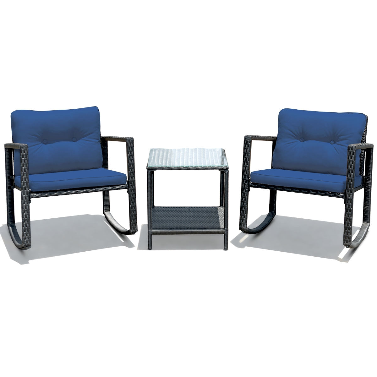 3 Pcs Patio Rattan Set Rocking Chair Cushioned Sofa Garden Furniture-Navy - Navy