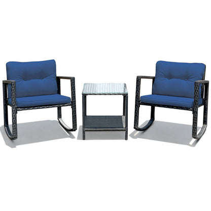 3 Pcs Patio Rattan Set Rocking Chair Cushioned Sofa Garden Furniture-Navy - Navy
