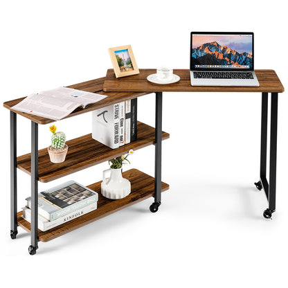 360° Rotating Sofa Side Table with Storage Shelves and Wheels-Walnut - Brown