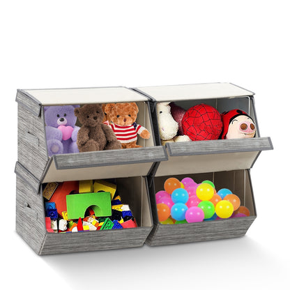 Set of 4 Storage Bins Stackable Cubes with Lid-Gray