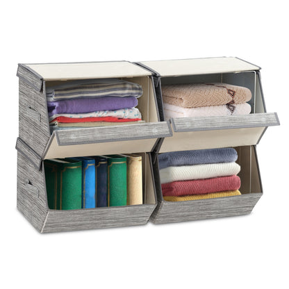 Set of 4 Storage Bins Stackable Cubes with Lid-Gray