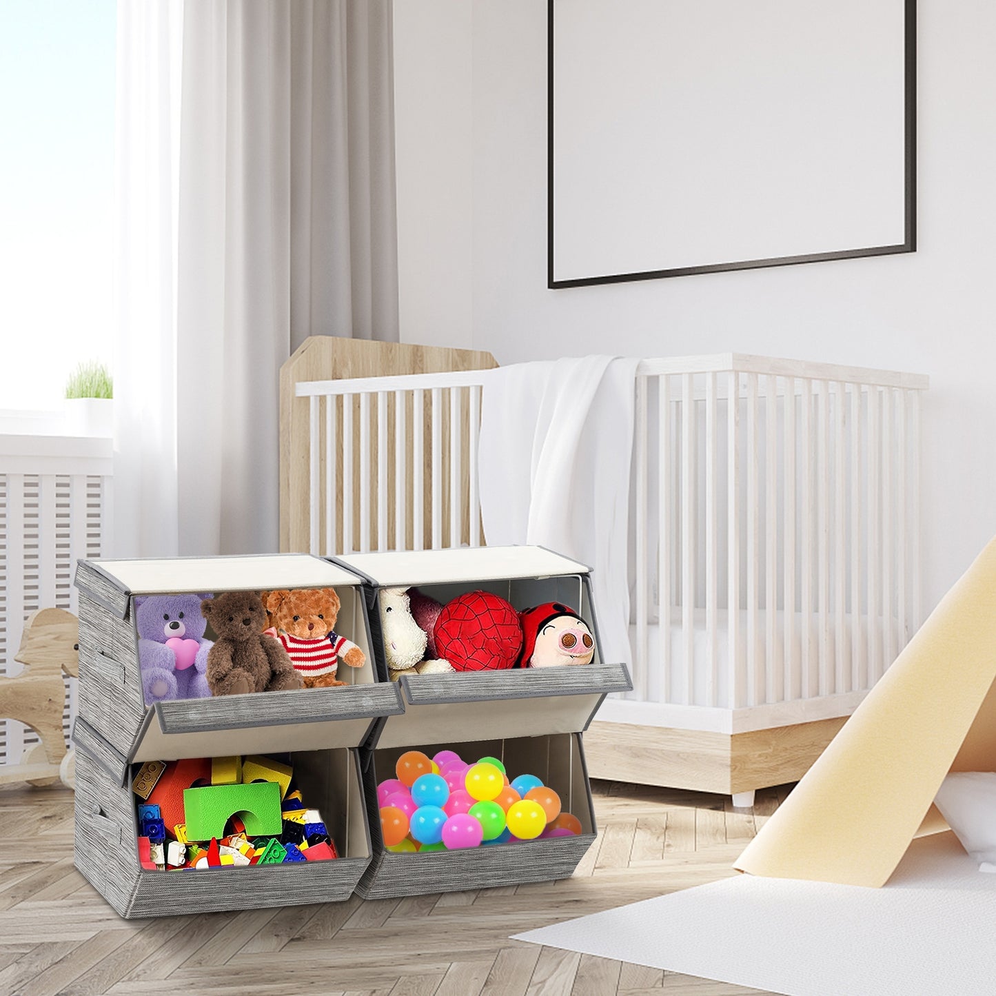Set of 4 Storage Bins Stackable Cubes with Lid-Gray