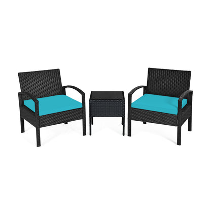 3 Pieces Outdoor Rattan Patio Conversation Set with Seat Cushions-White - Turquoise
