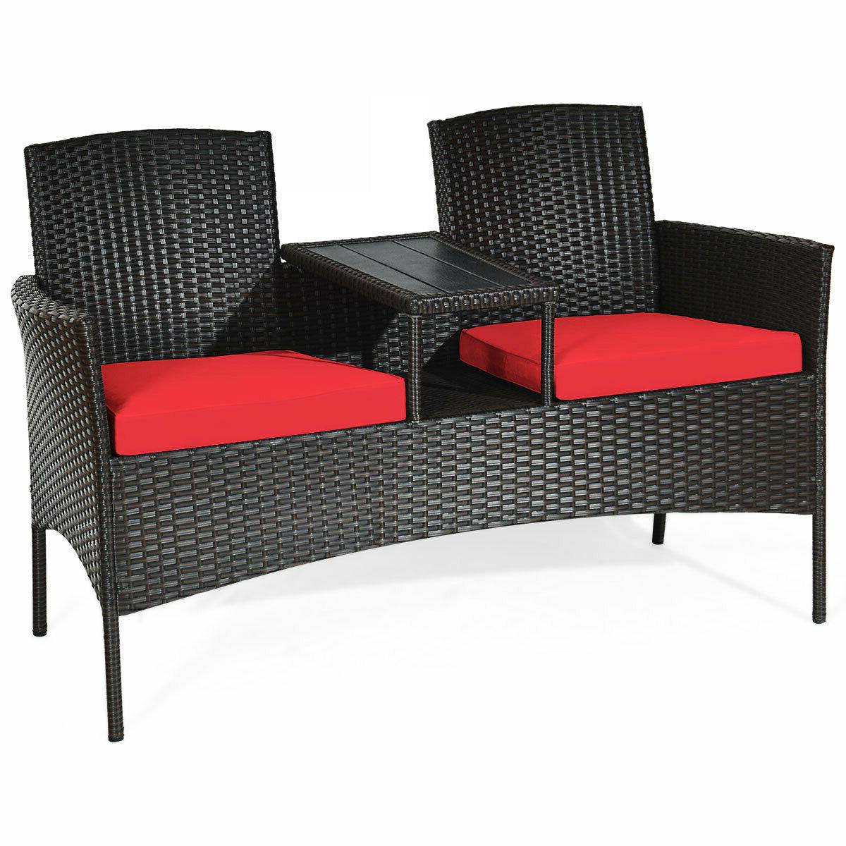 Modern Patio Conversation Set with Built-in Coffee Table and Cushions -Turquoise - Red