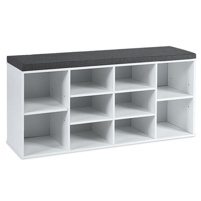 10-Cube Organizer Shoe Storage Bench with Cushion for Entryway-Beige - White