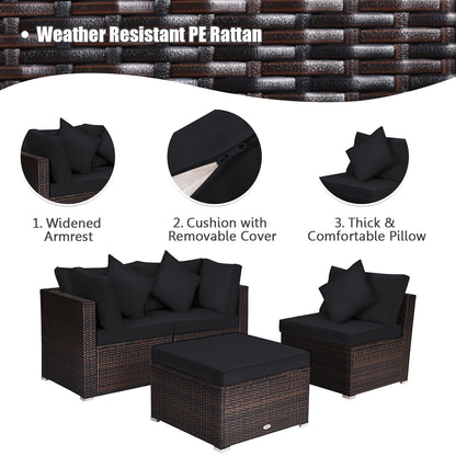 4 Pieces Ottoman Garden Patio Rattan Wicker Furniture Set with Cushion-Gray