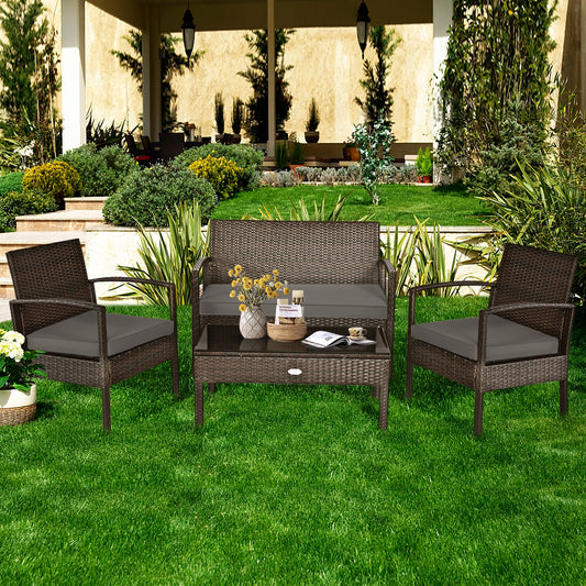 4 Pieces Patio Rattan Cushioned Furniture Set