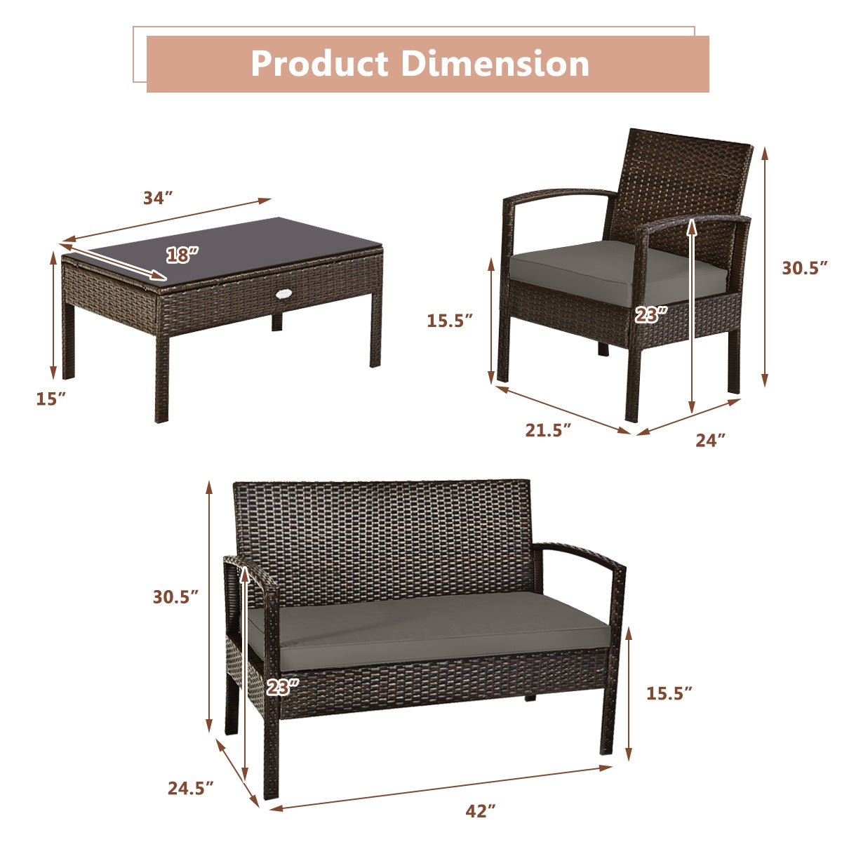 4 Pieces Patio Rattan Cushioned Furniture Set