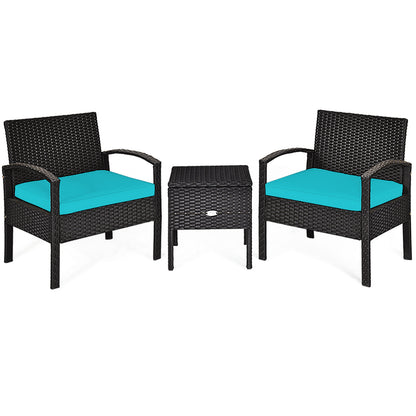 3 Piece PE Rattan Wicker Sofa Set with Washable and Removable Cushion for Patio-Turquoise