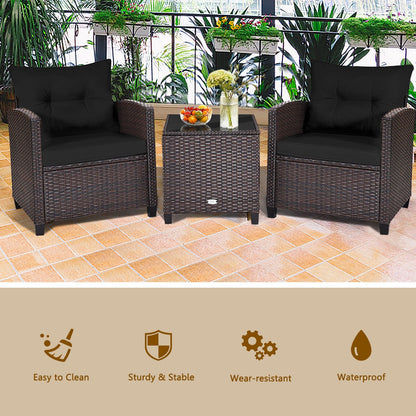 3 Pcs Patio Rattan Furniture Set Cushioned Conversation Set Coffee Table-Beige