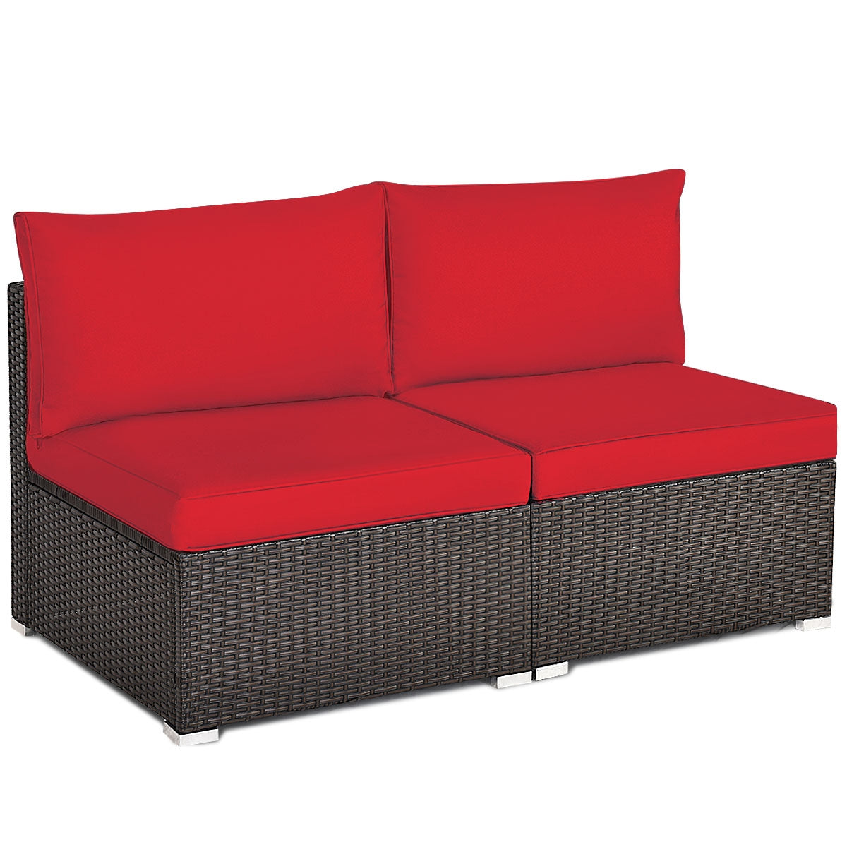 2 Pieces Patio Rattan Armless Sofa Set with 2 Cushions and 2 Pillows-Brown - Red