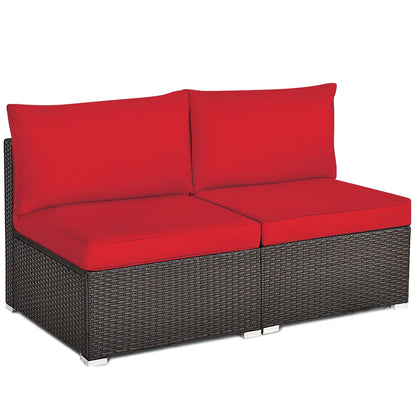 2 Pieces Patio Rattan Armless Sofa Set with 2 Cushions and 2 Pillows-Brown - Red