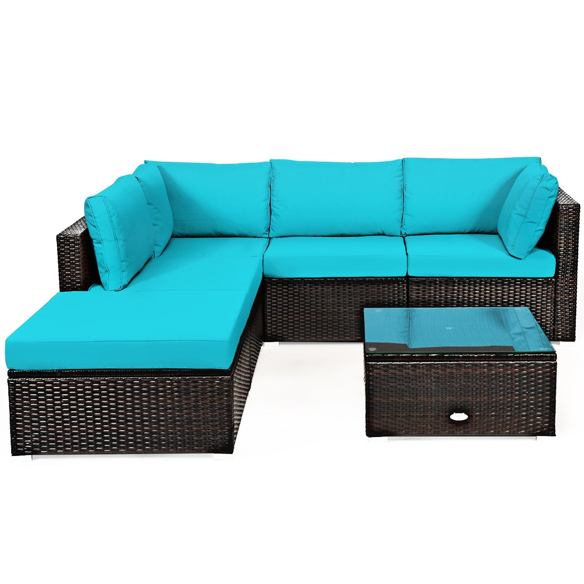 6 Pieces Outdoor Patio Rattan Furniture Set Sofa Ottoman - Turquoise